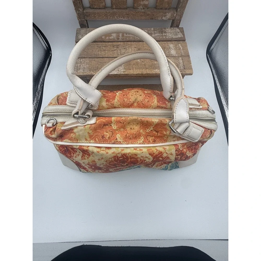 Floral Canvas Satchel Handbag Orange Blue Abstract Print Faux Leather Trim‎